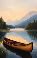 Obraz premium Serene Canoe in Calm Lake Surrounded by Majestic Mountains at Dawn