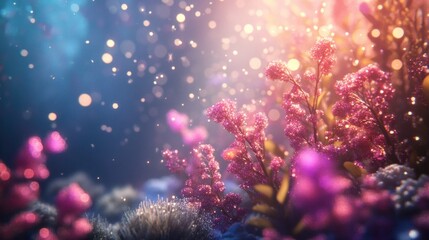 Elegant pink glitter particles drifting through the depths of an underwater scene, accented by festive lights and de-focused sparkles for a magical holiday atmosphere