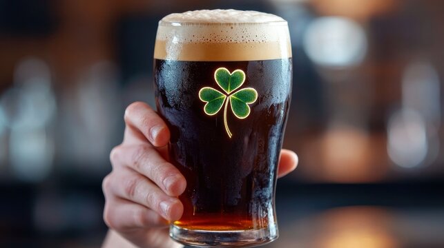Festive Beer Glass with Shamrock Decor on St  Patrick s Day in Cozy Irish Pub  A hand holding a mug of cold amber colored beer with a shamrock or clover design