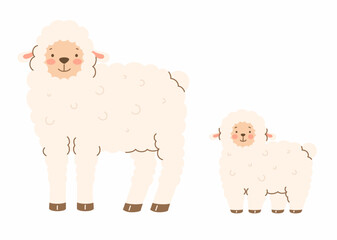Cartoon sheep and her baby. Flat vector illustration.