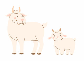 Cartoon goat and her baby. Flat vector illustration.