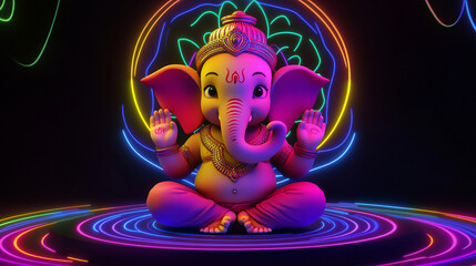 A 3D rendering of a colorful, cartoon-style, cute baby Ganesha god on a black background.

