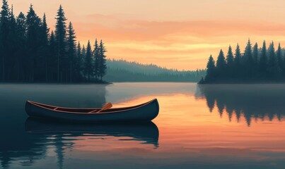 Obraz premium Serene Canoe on Calm Lake at Sunrise Surrounded by Forests