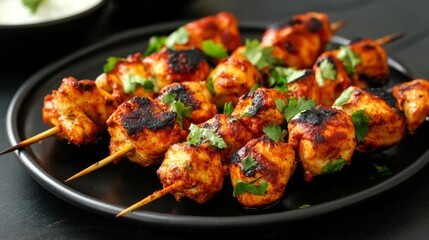 Grilled meat skewers, shish kebab with succulent pieces of beef, chicken, and vegetables, presented on a black background for a flavorful and appetizing bbq or grill concept