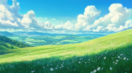 Expansive green meadows stretching over gentle hills, set against a bright blue sky with fluffy white clouds, forming a scenic panoramic view