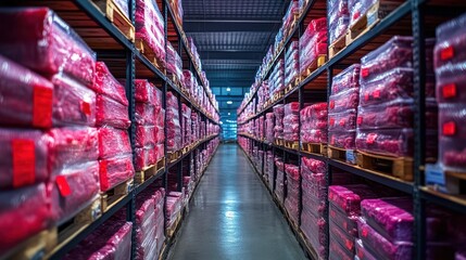 Frozen meat packages stacked neatly on shelves inside a refrigerated storage facility, showcasing industrial organization and preservation. 