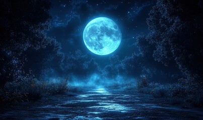 Naklejka premium A serene night scene featuring a bright blue moon illuminating a tranquil path through a forest.