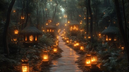 A serene forest path illuminated by lanterns, leading to cozy huts amidst lush greenery.