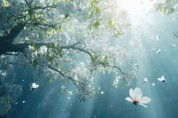 A captivating photo of white blossoms high up in a tree, highlighted by sunlight and buzzing insects adding vibrancy to the calm scene.