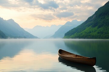 Obraz premium Serene Morning Landscape with Canoe on Tranquil Mountain Lake