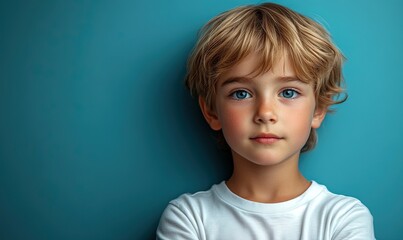 Naklejka premium A portrait of a young boy with blonde hair and blue eyes against a teal background, displaying a calm expression.