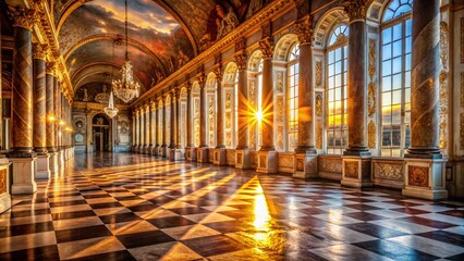 Obraz premium Versailles Ballroom Silhouette: Gilded Columns, Marble Floor, Dramatic Lighting