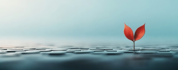 Fototapeta premium A solitary red leaf sprouts from a tranquil surface, symbolizing resilience and nature's beauty amidst calm water.