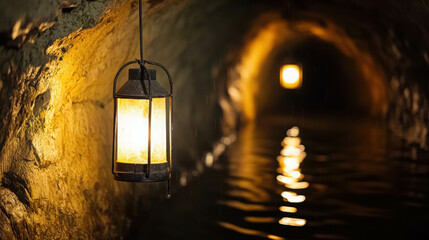 Underground Mine Shaft Filled with Dark Reflections and Illuminated Lantern Glow