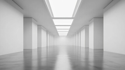 minimalistic empty white gallery room with smooth concrete floor and bright skylights. spacious design creates serene atmosphere, perfect for showcasing art