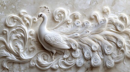 White peacock bas-relief on marble.