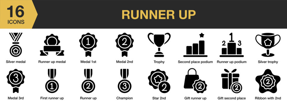 Runner Up solid icon set. Includes Winner, Podium, Champion, Competition, First, Runner, Up, and More. Solid icons vector collection.