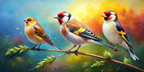 Fototapeta premium Vibrant American Goldfinch, Hoary & Common Redpoll Finches - Wildlife Bird Stock Photo