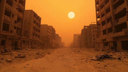 Barren Post-Apocalyptic Cityscape with Crumbling Buildings and Orange Sky