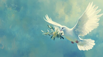 Obraz premium Graceful white dove with wide-open wings, carrying an olive branch in its beak, floating against a soft blue background with room for text