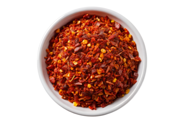 Spicy Crushed Red Pepper Flakes in White Bowl on Transparent Background - Perfect for Adding Heat to Your Dishes