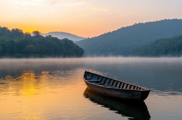 Obraz premium Tranquil Sunrise over a Serene Lake with a Wooden Boat at Dawn