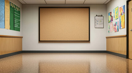 Clean School Hallway with Blank Bulletin Board and Colorful Artwork Displayed