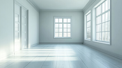 bright, empty room with white walls and large windows, creating serene atmosphere. sunlight streams in, enhancing spacious feel of area