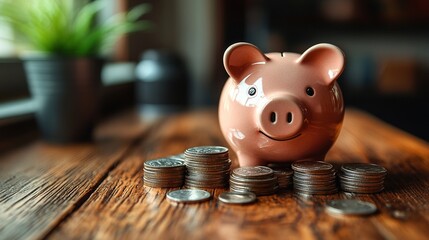 A piggy bank surrounded by coins, symbolizing savings and financial planning.