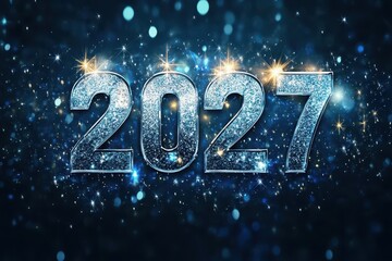 The silver text "2027" is centered on the dark blue background, creating an atmosphere of celebration and anticipation for the new year. The numbers glow with a golden light, symbolizing hope, determi