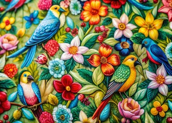 Vibrant Bird and Flower Pattern: Candid Nature Photography