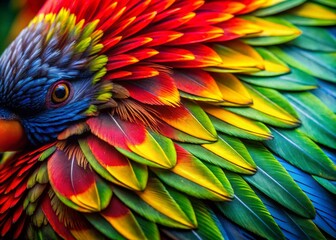 Fototapeta premium Vibrant Bird Feathers Close-Up: Red, Yellow, Green, Blue Plumage Texture