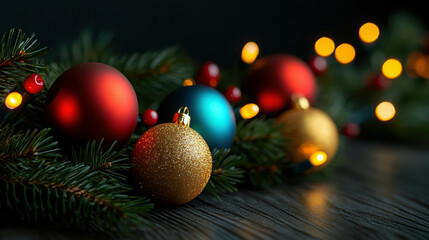Colorful Christmas Lights Wrapped Around Green Pine Branches with Ornaments