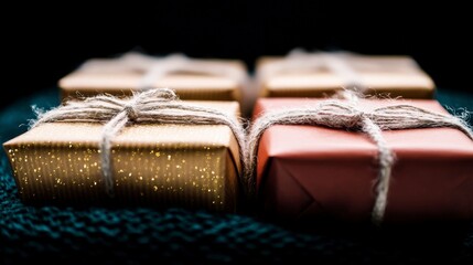 Christmas Gifts  Gold  Red Wrapped Presents  Holiday Boxes