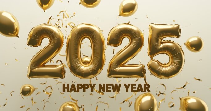 3D golden number "2025" on a white background, Happy New Year poster design with the text "HAPPY NEW YEAR", golden numbers in the shape of a balloon on a light grey gradient background, soft lighting,