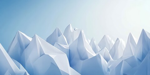 3D render of simple geometric shapes, simple ice mountains in the background, simple flat design, simple illustration, low-poly style, low resolution, low detail, no shadows, low contrast, blue sky, w