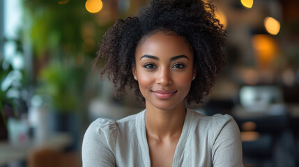 professional woman with curly hair sitting at desk, smiling warmly in cozy environment. background features soft lighting and greenery, creating welcoming atmosphere