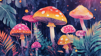 The colorful world of nature is filled with beautiful mushrooms, collection of mushrooms and ferns on colorful, black and white background, highly textured mushrooms.