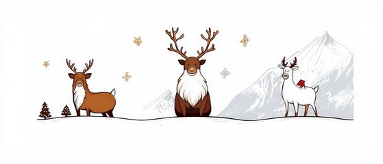 Obraz premium Cute Reindeer Christmas Illustration Winter Wonderland Snowy Mountains Festive Animals