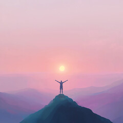 Obraz premium A minimalist pastel illustration of a person standing on a mountaintop