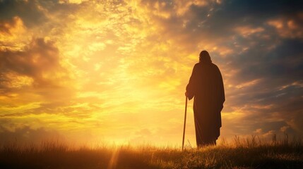 Jesus Christ standing gracefully, holding a wooden cane, silhouetted against a vibrant sunset sky with warm golden hues and soft light rays