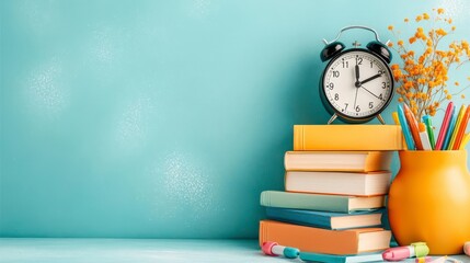 Back to school: Stack of books, clock, and stationery.  Time for learning!