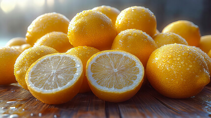Lemons cut in half and whole lemons lay on the table