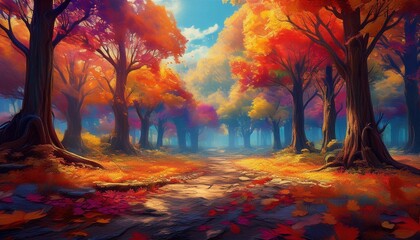 Autumn Forest Path, Vibrant Fall Colors - Vibrant color palettes