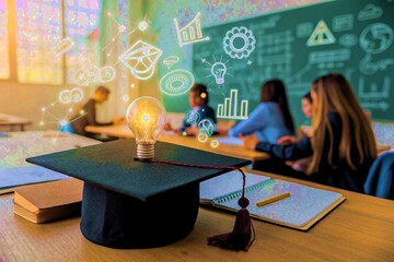 Innovative technology, science, and mathematics in school or university. Graduation cap with a lightbulb on the book.