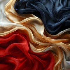 Obraz premium Flowing fabric textures, vibrant red silk, deep navy blue satin, creamy beige cloth, undulating waves of fabric, soft folds and creases, luxurious textile close-up, abstract fabric composition