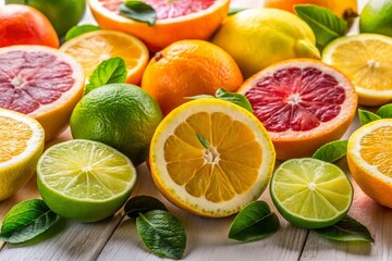 Vibrant Citrus Fruit Composition: Lemons, Limes & Grapefruits on White