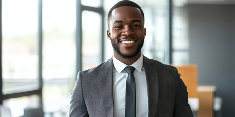 confident man in business attire smiles in modern office setting, showcasing professionalism and approachability. His demeanor reflects success and positivity