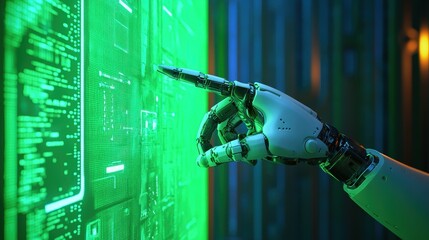 Naklejka premium Futuristic Robot Hand Pointing at Interactive Green Digital Screen Interface with Data and Codes Illuminated in High-Tech Environment