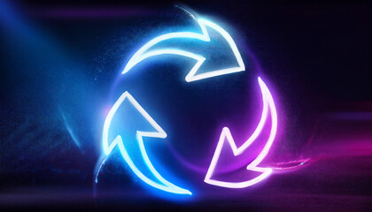 A vibrant, neon graphic featuring circular arrows in blue and pink, symbolizing motion, recycling, or continuous flow against a dark backdrop.
